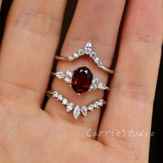 Red Garnet Rings With Accent Stones, Silver Garnet Crystal Ring For Wedding, Red Garnet Crystal Ring, Elegant Multi-stone Garnet Rings, Red Garnet Ring Sterling Silver, Red Gemstone Jewelry, Jewelry Stacking, Silver Ring Set, Garnet Ring