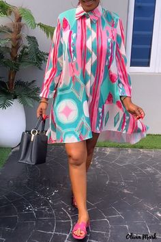 Color: Pink, Size: M Plus Size Shirt Dress, Long Sleeve Collared Dress, Collar Shirt Dress, Shirt Collar Styles, Sukienki Plus Size, Loose Fit Shirts, Collared Shirt Dress, Geometric Print Dress, Dress Sleeve Styles