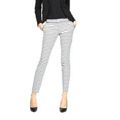 Nwt Express Columnist Ankle Black And White Striped Pant. These Pants Are A Size 2 Are And Fitted Through The Hip And Thigh Areas. These Pants Have Two Front Pockets, But No Back Pockets. The Price Of These Pants Includes The 20% Seller's Fees Paid To The Site. Trendy Striped Pants For Work, Elegant Striped Stretch Pants, Chic Striped Fitted Bottoms, Chic Striped Workwear Pants, Chic Striped Tapered Leg Pants, White Stretch Pants For Office, Casual Striped Pants For Office, Chic White Pants For Office Wear, Chic White Office Bottoms