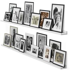 a shelf with many pictures and frames on it