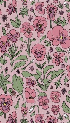 pink flowers and green leaves on a pink background