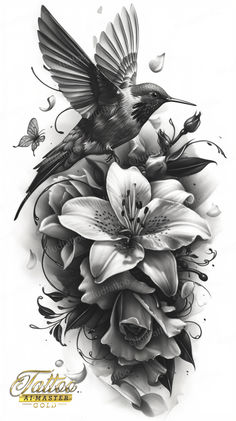 a black and white drawing of a bird with flowers