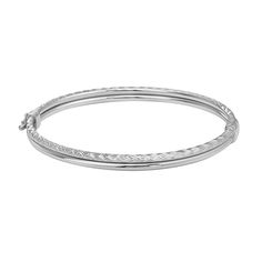 Adorn yourself with this sterling silver textured bangle bracelet. Adorn yourself with this sterling silver textured bangle bracelet. Length: 9 in. Metal: sterling silver Plating: Euro Finish: diamond-cut, polished Packaging: boxed Nickel free Size: 8". Color: White. Gender: female. Age Group: adult. Diamond Cut, Bangle Bracelet, Free Size, Gender Female, Bangle Bracelets, Diamond Cuts, Age Group, Bangles, Color White