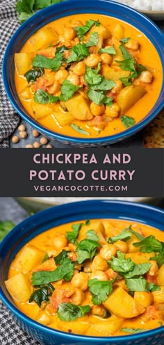 chicken and potato curry in a blue bowl