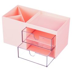 a pink desk with two drawers and one drawer open