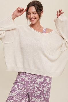 The Light Weight Wide Neck Crop Pullover Knit Sweater is a perfect blend of comfort and modern style. Crafted from lightweight knit fabric, it offers a cozy feel without overwhelming warmth, making it an ideal choice for various seasons. The wide neck and cropped silhouette add a contemporary touch, making this sweater a fashionable and versatile option for casual outings or relaxed settings.- Model is 5' 9.5" 34-24-34.5 and wearing a size Small Made in China Style: Casual Print / Pattern: Solid Cozy Textured Knit Cropped Sweater With Relaxed Fit, Everyday Soft Knit Relaxed Fit Cropped Sweater, Cozy Cropped Textured Knit Sweater, Cozy Textured Knit Crew Neck Cropped Sweater, Casual Slouchy Soft Knit Cropped Sweater, Oversized Cropped Sweater, Knitwear Details, Crop Pullover, Cropped Knit Sweater