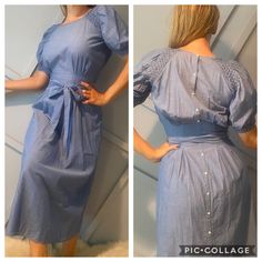 This Joie Midi Dress Features Puff Sleeves With Amazing Detail. Buttons Down The Back Of The Dress. Can Be Worn Casual, Business, Or Dressy. Waist Is Form Fitting Around The Waist Giving The Top Extra Room. Side Zipper For Closure. Condition: New With Tags, No Defects, See Photos Size: Small Dimensions: Armpit To Armpit 18”, Sleeve Length 14”, Waist Laying Flat 13”, Length From Shoulder To Hem 48” Blue Fitted Puff Sleeve Dress In Feminine Style, Feminine Fitted Blue Puff Sleeve Dress, Feminine Blue Fitted Puff Sleeve Dress, Blue Feminine Puff Sleeve Dress, Blue Formal Puff Sleeve Dress With Short Sleeves, Blue Cotton Puff Sleeve Dress With Gathered Sleeves, Puff Sleeve Dresses For Spring Workwear, Blue Midi Dress With Gathered Sleeves For Work, Blue Cotton Puff Sleeve Knee-length Dress