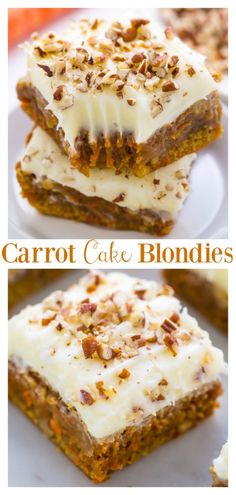 carrot cake blondies with white frosting and nuts