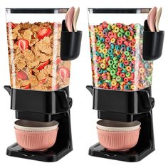 two blenders filled with cereal sitting next to each other