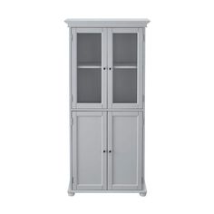 a tall white cabinet with glass doors on the front and bottom shelves, against a white background