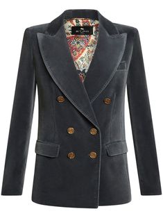 99TCE01B6214 ETRO LOGO-ENGRAVED BUTTONS VELVET BLAZER Suede Blazer, Velvet Blazer, Double Breasted Jacket, Velvet Jacket, Dolce E Gabbana, Blue Suede, Grey Cotton, Denim Pant, Blazers For Women