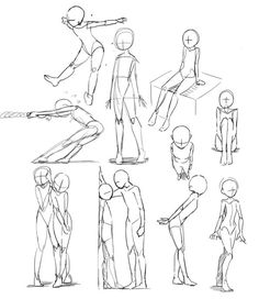 some sketches of people standing and sitting in different positions