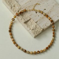 Metal: 18k Recycled Gold Plated On Brass Gemstone: Tiger's Eye, Picture Jasper Chain Length: 400-450mm Weight: 25g Edison Pearls, Gemstone Beaded Necklace, Tiger Eye Stone, Picture Jasper, Recycled Gold, Tiger's Eye, Metal Necklaces, Earth Tones, Stone Necklace