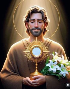 the image of jesus holding a bouquet of flowers in front of him with his eyes closed