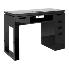 a black desk with drawers on it