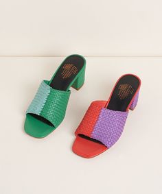 A quintessential CS woven leather heel. Open toe, 2.5" block heel, hand-woven leather or suede uppers in our mismatch. With style, comfort, and eye-catching color, these shoes just don't quit—but you will be stopped a lot everywhere you go. Cute Fancy Shoes, Mum Fits, Garden Formal, Charlotte Stone, Block Heel Mule, Don't Quit, Statement Shoe, Block Heel Sandals, By Charlotte