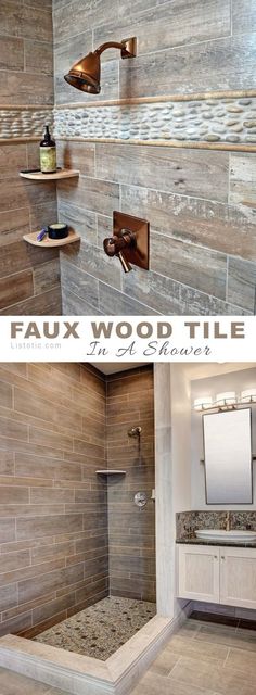 this bathroom has wood tile on the walls and floor, along with a walk in shower