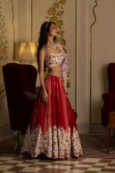 Multi-coloured organza lehenga, dome shaped applique detailed border as the main highlight. The belt, border and kalis are embellished wih moti, mirror and zari. It comes with printed blouse with mirror, moti and zardosi embroidery all over; and printed organza dupatta with mirror work scallop detail. Silk Lehenga With Cutdana For Reception, Reception Organza Sets With Pallu, Organza Lehenga With Cutdana For Reception, Reception Organza Choli With Cutdana, Organza Choli With Cutdana For Reception, Designer Red Tissue Silk Lehenga, Formal Red Lehenga With Sheer Dupatta, Floor-length Organza Lehenga For Reception, Formal Lehenga With Resham Embroidery In Art Silk