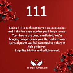 a red background with roses and an angel on the bottom right corner, says 11 11