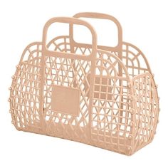 a white basket with two handles on it