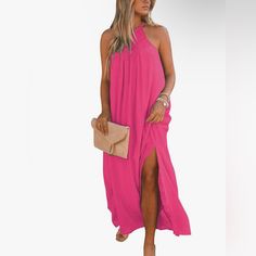 Size Small. Loose Fitting. Poly/Cotton/Spandex. Boho. Chic Pink Sleeveless Beach Dress, Sleeveless Summer Maxi Dress For Outing, Chic Sleeveless Maxi Dress For Outing, Pink Maxi Halter Dress For Day Out, Pink Halter Maxi Dress For Day Out, Pink Maxi Length Halter Dress For Day Out, Pink Sleeveless Halter Dress For Vacation, Pink Sleeveless Halter Dress For Day Out, Elegant Pink Sleeveless Beach Dress