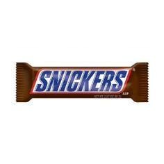 snickkers bar with chocolate filling on the top and blue writing on the bottom