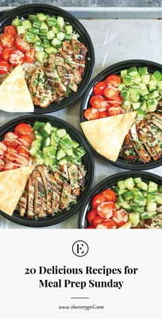 four black plates filled with different types of food and the words 20 delicious recipes for meal prep