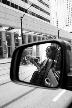 African American model being reflected through car mirror in downtown City Fashion Shoot, City Fashion Photography, White Fashion Photography, Mirror Photography, Reflection Photos, City Shoot, Black And White City, Reflection Photography, Fashion Mirror