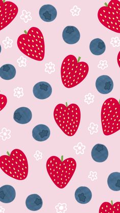 a pink background with blueberries and strawberries on it