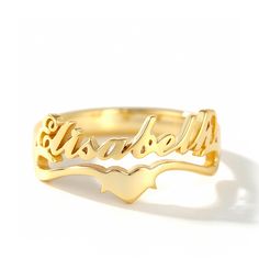 A romantic style,this personalized name ring is paired with heart. You can write your own name,or the name of someone you are head over heals for,or even a favorite word that you use for inspiration. The most unique jewelry you can find,perfect gift for you and your loved one. Find your name ring today.Material: 925 SilverPlating Color: Silver, Yellow Gold, Rose Gold Unique Mothers Rings, Name Ring, Mother Rings, Fancy Dresses Long, Name Rings, Personalized Ring, Trendy Ring, Promise Rings For Her, Girly Accessories