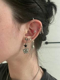 a close up of a person with ear piercings on their ears and one behind the ear