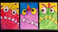 three different colored paper paintings with monsters on them