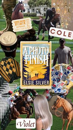 collage of photos with horses, people and other things in the background that include an advertisement for a photo finish