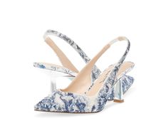 Blue by Betsey Johnson Clark - Women's Shoes : Blue Floral : Bring on a glamorous appeal to your look by slipping into the Blue by Betsey Johnson Clark pumps. Synthetic upper. Synthetic lining with a lightly padded footbed. Easy slip-on style. Slingback strap with an elasticized inset ensures a secure fit. Pointed toe silhouette. Rhinestone embellishments throughout. Brand name embossed on the footbed. Low kitten heel. Durable synthetic outsole. Imported. Measurements: Heel Height: 2 1 2 in Product measurements were taken using size 7, width M. Please note that measurements may vary by size. Royal Heels, Blue And White Heels, Silver Kitten Heels, Blue Wedding Decorations, Flower Heels, Blue By Betsey Johnson, Ballerina Heels, Aesthetic Clothing Stores, Into The Blue