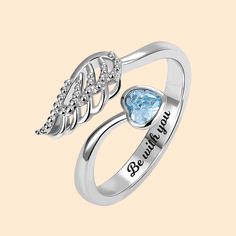 Forever by My Side Angel Wing Ring with Heart Birthstone & Engraving - CALLIE Ring With Heart, Wing Ring, Angel Wing Ring, Personalized Ring, Important People, Personalized Rings, Memorial Jewelry, Meaningful Words, My Side