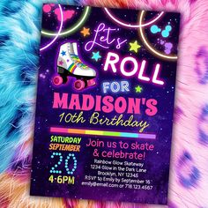 a birthday party flyer with roller skates and neon lights on the front, in bright colors