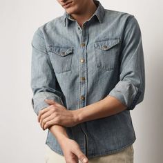 Distressed to perfection, this denim shirt is well-worn and wears well Billy Reid, Denim Shirt, Denim Button Up, Google Photos, Button Up Shirts, To Share, Button Up, How To Wear