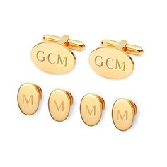 This is the perfect formal set to wear with a tuxedo. The set includes one pair of cuff links and four shirt studs, meant to be used in place of shirt buttons. These feature a raised rim and personalization is available.Engrave up to 3 letters on cuff links at no chargeStuds will be engraved with the third letter (your last name initial) automaticallyFeatures: EngraveableMetal Color: Gold ToneBase Material: 100% BrassCare: Wipe CleanMetal: BrassCountry of Origin: Made in US Classic Gold Sets For Business, Classic Gold Sets For Formal Occasions, Classic Gold Formal Sets, Classic Gold Suit And Tie Accessories For Formal Occasions, Classic Gold Suit And Tie Accessories For Formal Events, Classic Gold Wedding Sets, Gold Elegant Cufflinks For Groom, Elegant Gold Cufflinks For Grooms, Elegant Gold Cufflinks For Groom