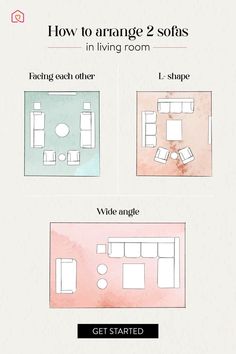 how to arrange 2 sofas in living room with white furniture and pink watercolor background