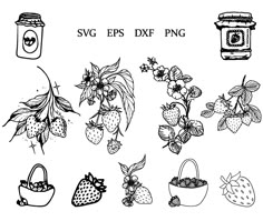 various hand drawn images of strawberries and other things in black and white, with the words svg epss dxpng