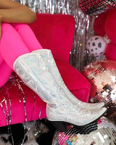 White Bridal Sequin Boots Cow Print Bag, Cow Print Dress, Western Boots Outfit, Active Wear Dresses, White Cowboy Boots, Knee High Boots Flat, Cowhide Print, Sequin Boots, Maxi Romper