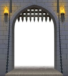 an arch with chains hanging from it and two torches on the other side, in front of a brick wall