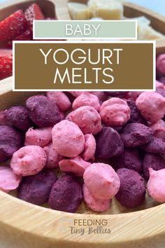 baby yogurt melts in a wooden bowl with strawberries