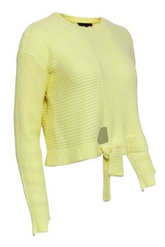 Contemporary label The Range takes a cool spin on the classic crewneck with this yellow sweater. A bright color paired with knotted detail at the waist and cutout sleeve cuffs add modern updates. Pair with your favorite denim for a fun Saturday hangout. Size S 70% Cotton, 20% Nylon, 10% Silk Cropped length Crewneck Knotted waist detail Contrast ribbed knit stitching Bust 40" Waist 41" Shoulder to hem 20.5" Sleeve length 21" Spring Yellow Ribbed Sweater, Buy Shoes Online, Color Pairing, Yellow Sweater, Ribbed Knit Sweater, Touch Up, Sweater Weather, Bright Color, Knit Sweater