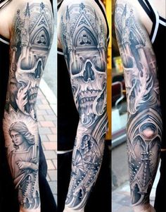 a man with a full sleeve tattoo on his arm