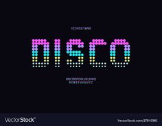 the word disco made up of colored dots on a black background with an inscription that says disco