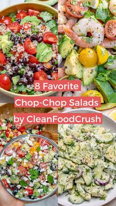 different types of salads with text overlay that reads 8 favorite chopped - up salads by cleanfoodcrush