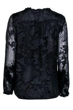 The appeal of this delicate, black silk blouse by beloved label Diane von Furstenberg is truly in the details. Textured silk features a sheer "burnout" design with lining and iridescent buttons at the chest. A loose fit and button detail make it the perfect companion for a midi skirt and suede pumps for the work day. Switch into dark denim and knee-high boots for dinner with friends. Size 8 Shell 63% Rayon, 37% Silk Lining 100% Polyester Loose fit Open neckline Iridescent button closure Textured detail Elastic sleeve cuff Semi-sheer Bust 40" Waist 42" Shoulder to hem 25" Sleeve length 23" Sheer Black Silk Blouse, Black Sheer Silk Blouse, Black Silk Blouse With Sheer Sleeves, Black Silk Blouse, Dinner With Friends, Sleeve Cuff, Suede Pumps, First Lady, Dark Denim