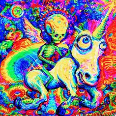 a painting of a unicorn riding a horse with an alien on it's back