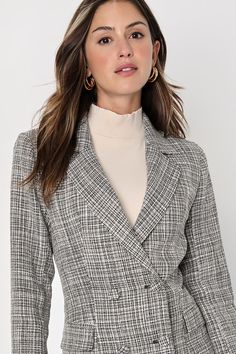 You'll own the office (or wherever you are!) in the Lulus Deluxe Desire Grey Tweed Long Sleeve Blazer Mini Dress! Chic woven wool-blend tweed shapes long sleeves with in-charge padded shoulders, and a collared bodice with stylish notched lapels. Dress has a unique, double-breasted design with functional buttons and front flap pockets. Skirt finishes with a flaring mini hem. Fit: This garment fits true to size. Length: Mid-thigh. Size medium measures 33.5" from shoulder to hem. Bust: Great for an Long Sleeve Tweed Jacket For Work, Office Tweed Dress With Houndstooth Pattern, Chic Tailored Long Sleeve Tweed Dress, Tailored Long Sleeve Tweed Dress For Winter, Office Tweed Jacket With Long Sleeves, Long Sleeve Tweed Blazer For Work, Chic Long Sleeve Tailored Tweed Dress, Chic Wool Tweed Dress For Office, Tailored Wool Tweed Dress For Fall